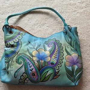 Anuschka Blue and Green Floral Shoulder Bag